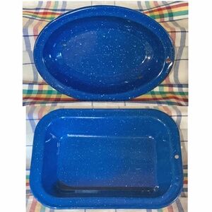 Enamelware Two Serving Bowls Blue Speckle